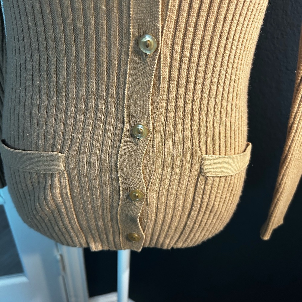 Harrods Cashmere Camel Ribbed V-Neck Button-Front Cardigan - Picture 2 of 7